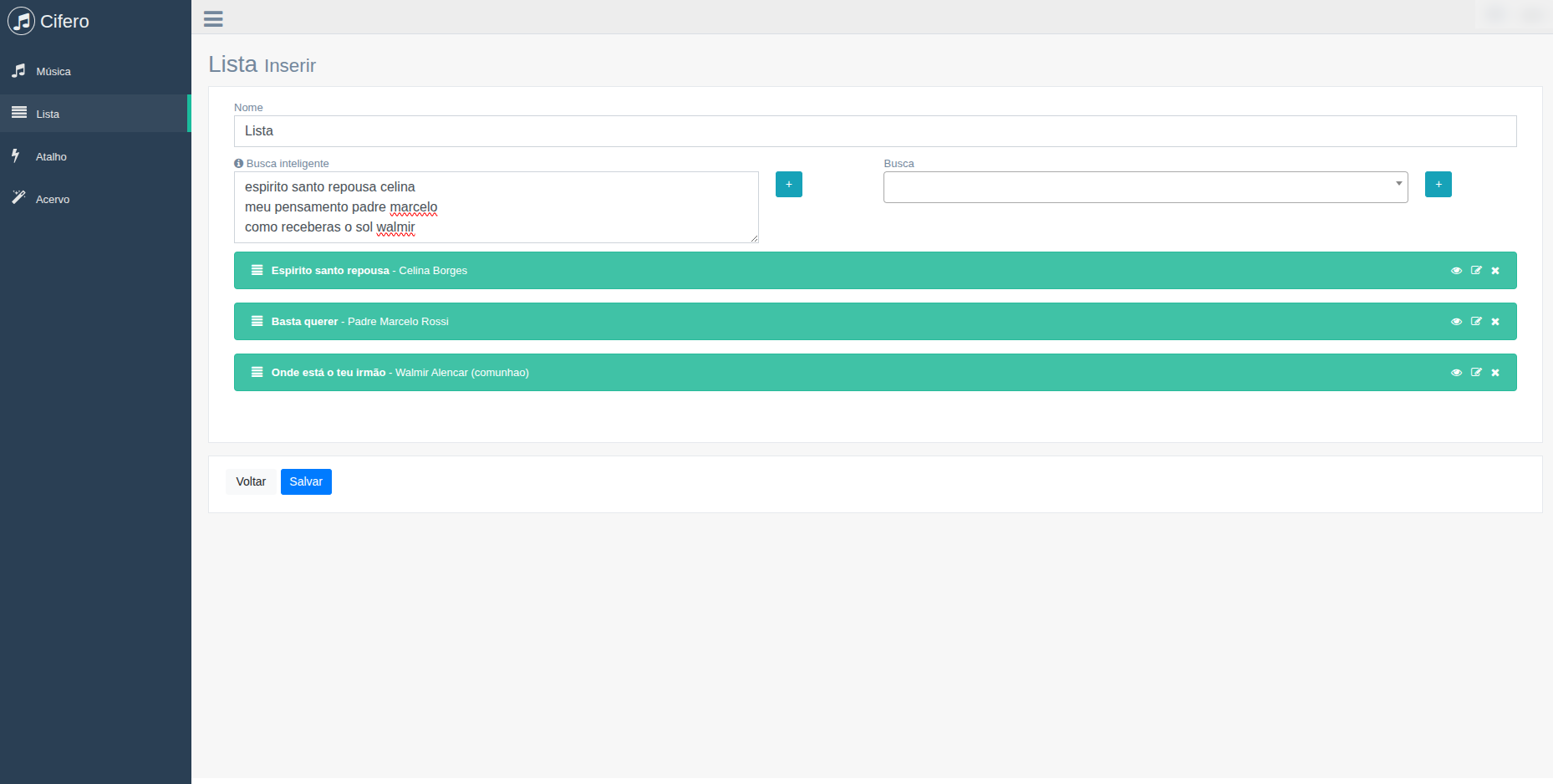 Tela web do Cifero para criar e organizar listas de músicas