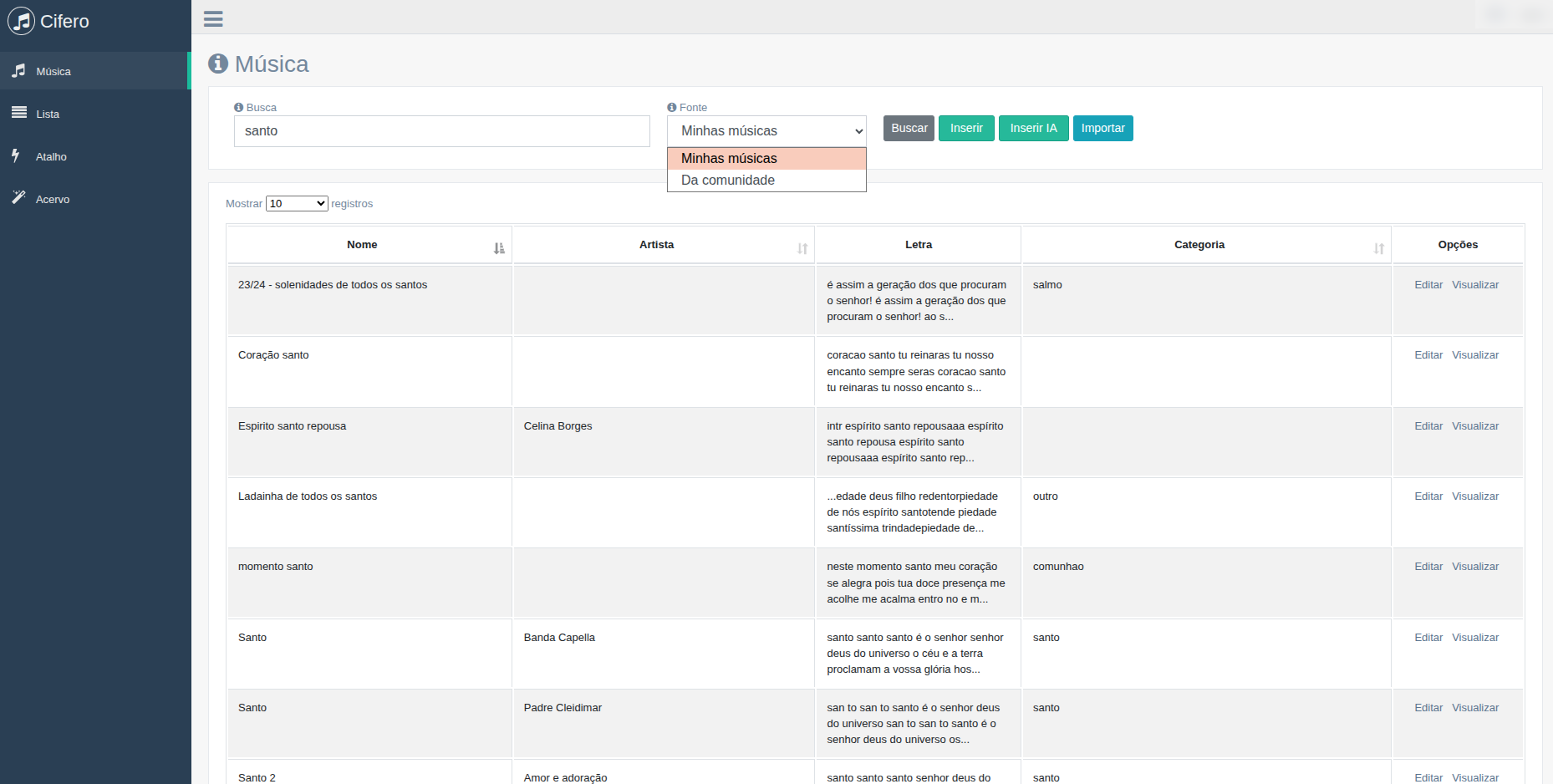Tela web do Cifero com busca de músicas e cifras da comunidade